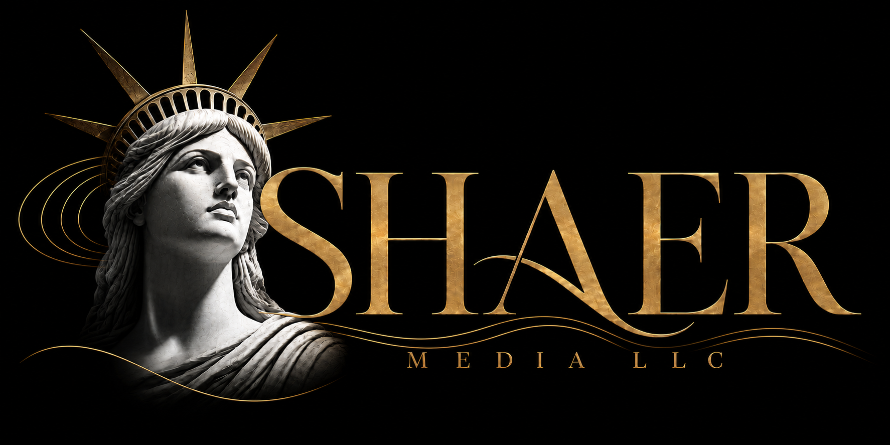 Shaer Media LLC logo featuring the Statue of Liberty and flowing media signals